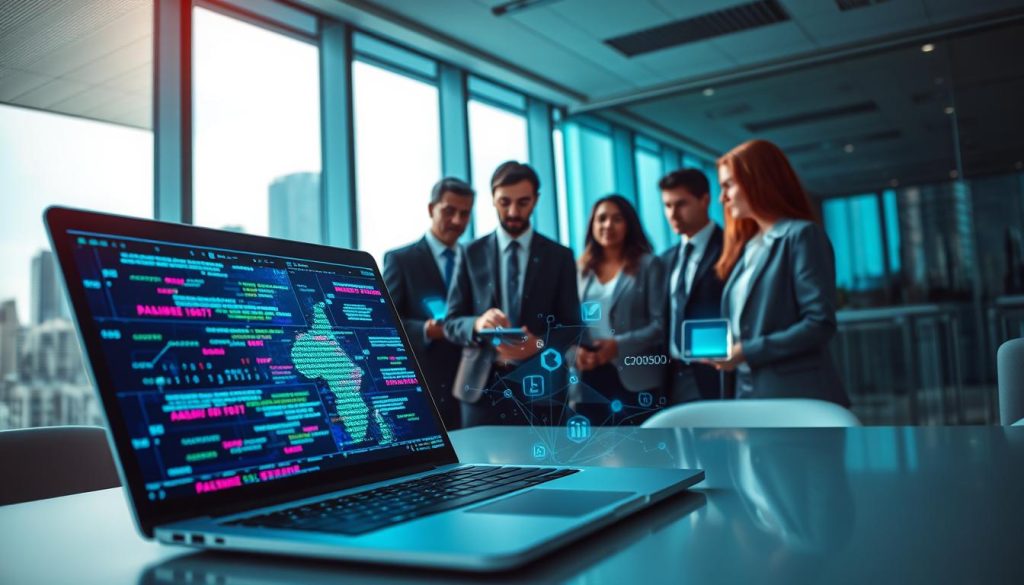 A visually striking representation of "Hidden Code Techniques" in a modern digital environment. In the foreground, a sleek laptop screen displays abstract algorithms and codes in vibrant colors, symbolizing the essence of data manipulation. The middle ground features a diverse group of professionals in smart business attire, engaged in a focused discussion around the laptop. They are surrounded by holographic data visuals emerging from the device, creating a futuristic atmosphere. The background shows a softly lit office space, with large windows revealing a city skyline. The lighting is cool and dynamic, with a blend of blue and green hues, enhancing the innovative mood. The overall composition should convey a sense of professionalism and high-tech engagement, capturing the idea of measuring the effectiveness of hidden strategies in digital marketing.